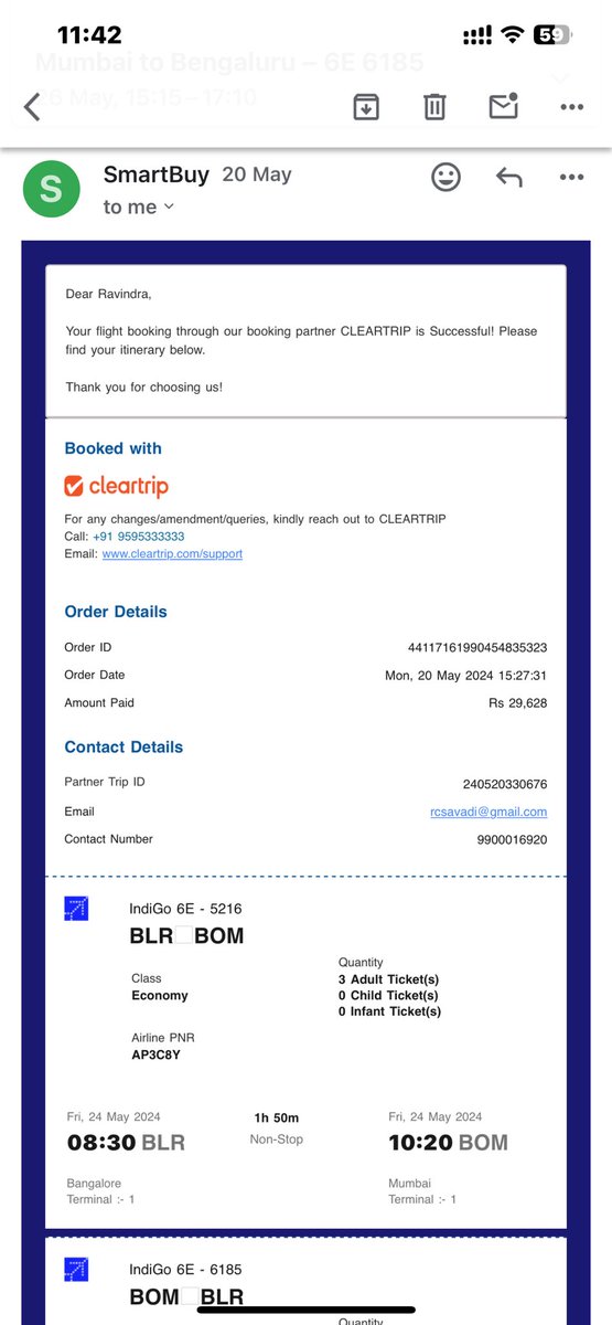 Bharrattian's tweet photo. Cleartrip 

Open letter … @Cleartrip @Ministry_CA @DGCAIndia 
Ref. Trip id 240520330676
Case id 20781062 
Pic shows Mum-blr is requested for 26th May. 
But I have been issued tickets for 27th May. 
Wasted 6-7 hrs to rectify. https://t.co/qmgY8Kn7hU