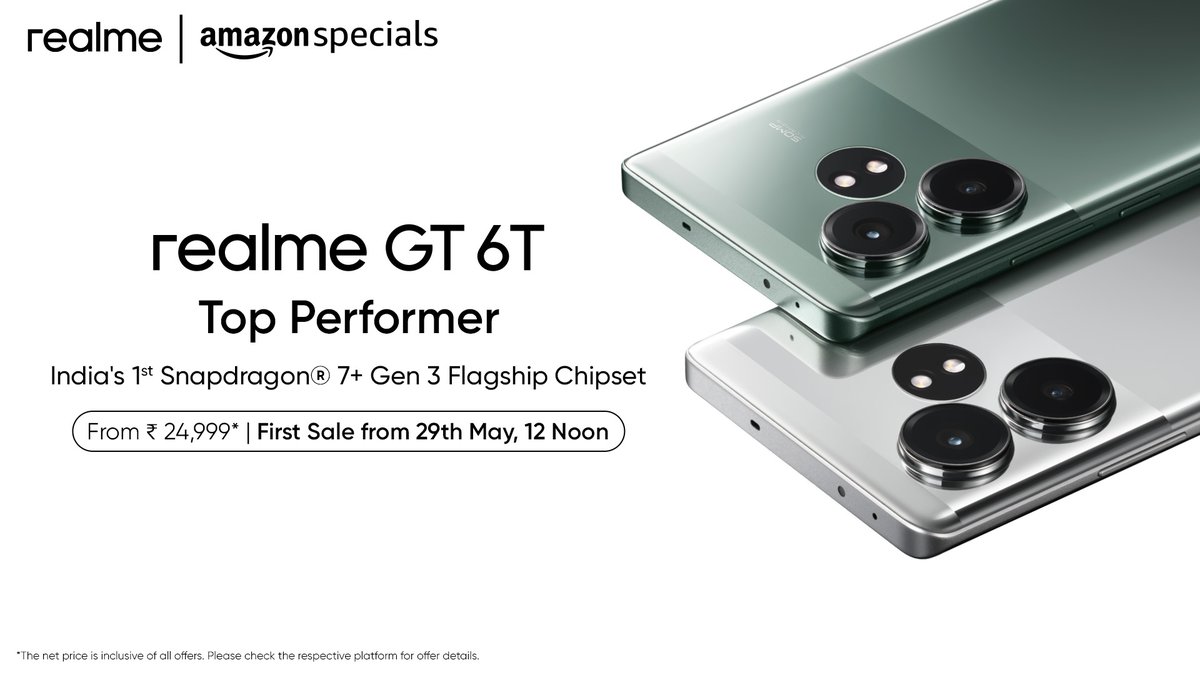 To never having facing heated display or lagging battles 💪
To the steadfast power of Snapdragon 7+ Gen 3 chipset.
To the #TopPerformer that is going to change it all.
It’s time for #realmeGT6T 🎉

Starting from ₹24,999. 
First sale on 29th May, 12 Noon
bit.ly/44PacS1