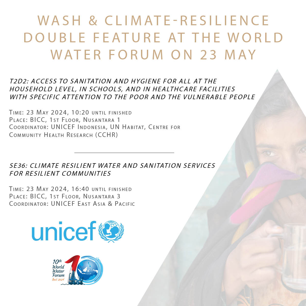 Join us @WWaterForum10 on 23 May for events coordinated by @UNICEFwater with partners incl @UNHABITAT. @WHO will moderate & speak about 'Climate Resilience in Sanitation and Hygiene Systems and the Health Risks of Inaction', the Climate Resilient Sanitation Coalition, & more