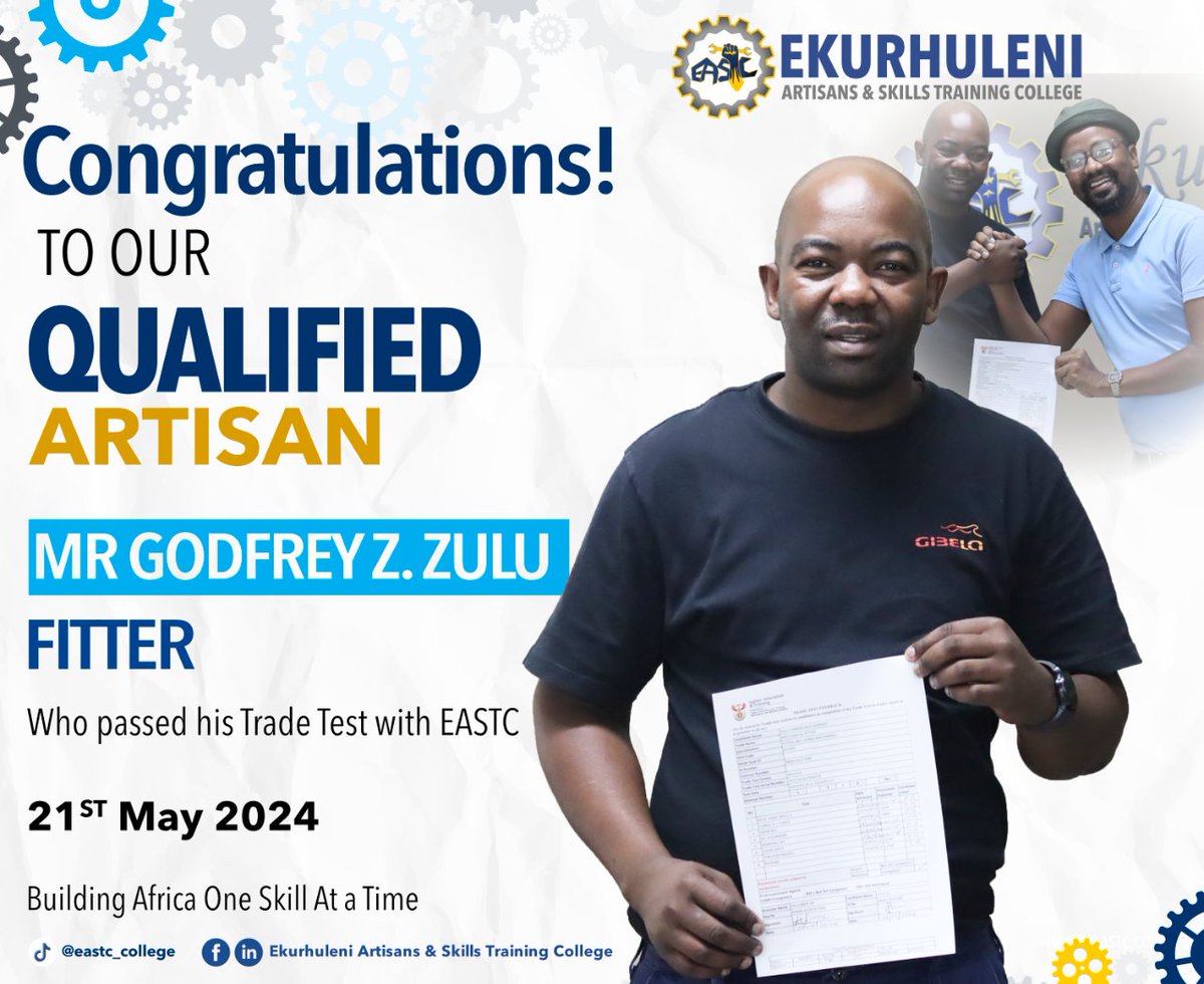 QUALIFIED ARTISAN! Congratulations to Mr Godfrey Z. Zulu on qualifying in Fitting