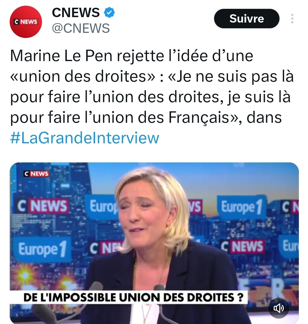 Marine Le Pen confirme encore une fois qu'elle ne se considère pas de droite contrairement à 99% de ses électeurs.
Elle veut s'allier aux patriotes de gauche qui se comptent sur les doigts d'une main et ne veulent pas d'elle.
Si vous avez compris que c'est une impasse, votez R!