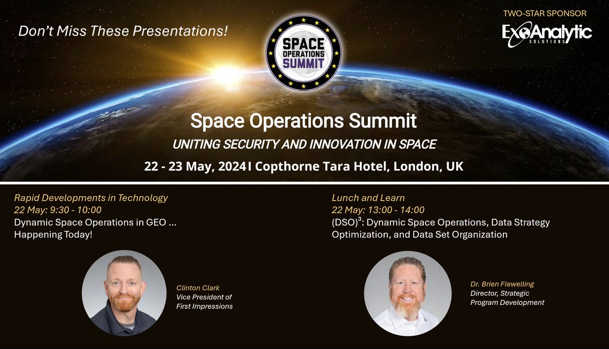 exoanalytic's tweet image. 🚀 Today, ExoAnalytic Solutions is thrilled to present two groundbreaking sessions at the Space Operations Summit in London!  🚀  Attending the conference? Don’t miss these presentations!
#SpaceOpsSummit #DynamicSpaceOperations  #SDA
