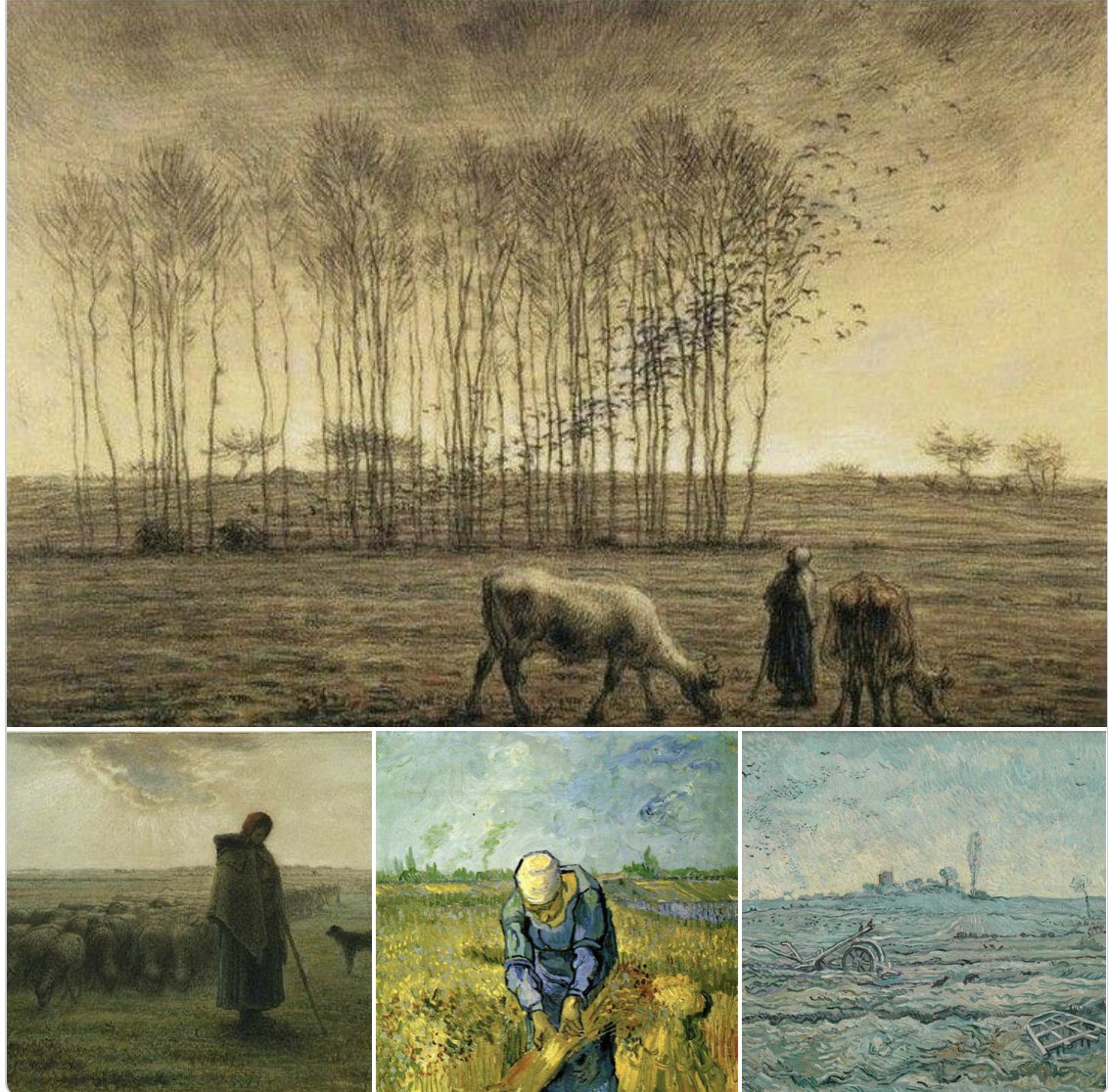 The French Barbazon painter #Millet was a great inspiration to #VanGogh who often 'translated' a Millet etching into a full-color painting. Millet strove for a sacred art in which humble peasants were portrayed as heroically engaged with nature.