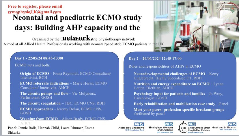 Huge thank you in advance to all the speakers on todays paediatric/neonatal AHP ECMO study day. Should be a great morning! #AHPs <a href="/PICSociety/">Paediatric Critical Care Society</a>