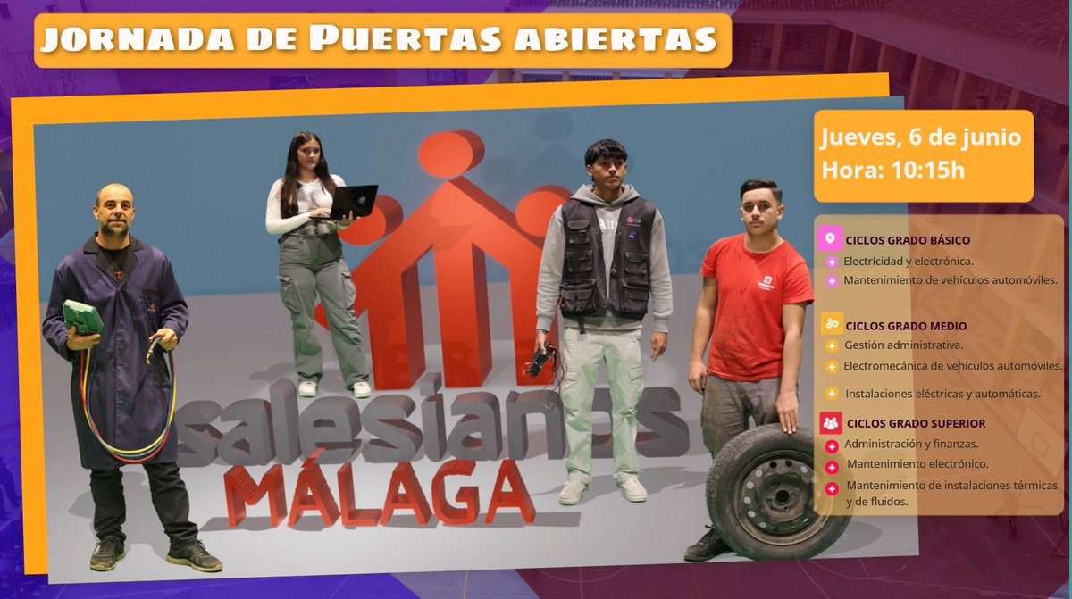 SalesianosMLG's tweet photo. #PuertasAbiertasCCFF | 👏 Invitación a toda la comunidad educativa y a aquellos interesados en formación profesional a nuestra emocionante jornada de puertas abiertas el próximo 6 de junio de 10:15h a 12:30h.

Más información: ⬇️

https://t.co/PRYk87Tq2C

#Unsueñoparati https://t.co/qSPDBhZtOA