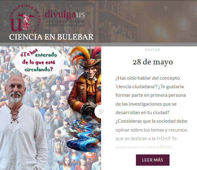 InvestigaUS's tweet photo. Vuelve #CienciaBulebar con una cita excepcional 😀El investigador de la @unisevilla Vicente Manzano @VCiviencia presenta el proyecto de ciencia ciudadana 'De pantallas a ventanas: un proyecto contra la desinformación digital'

https://t.co/zZPB8aTKaH 

@FDescubre #DivulgaUS https://t.co/uaE9aXHPdi