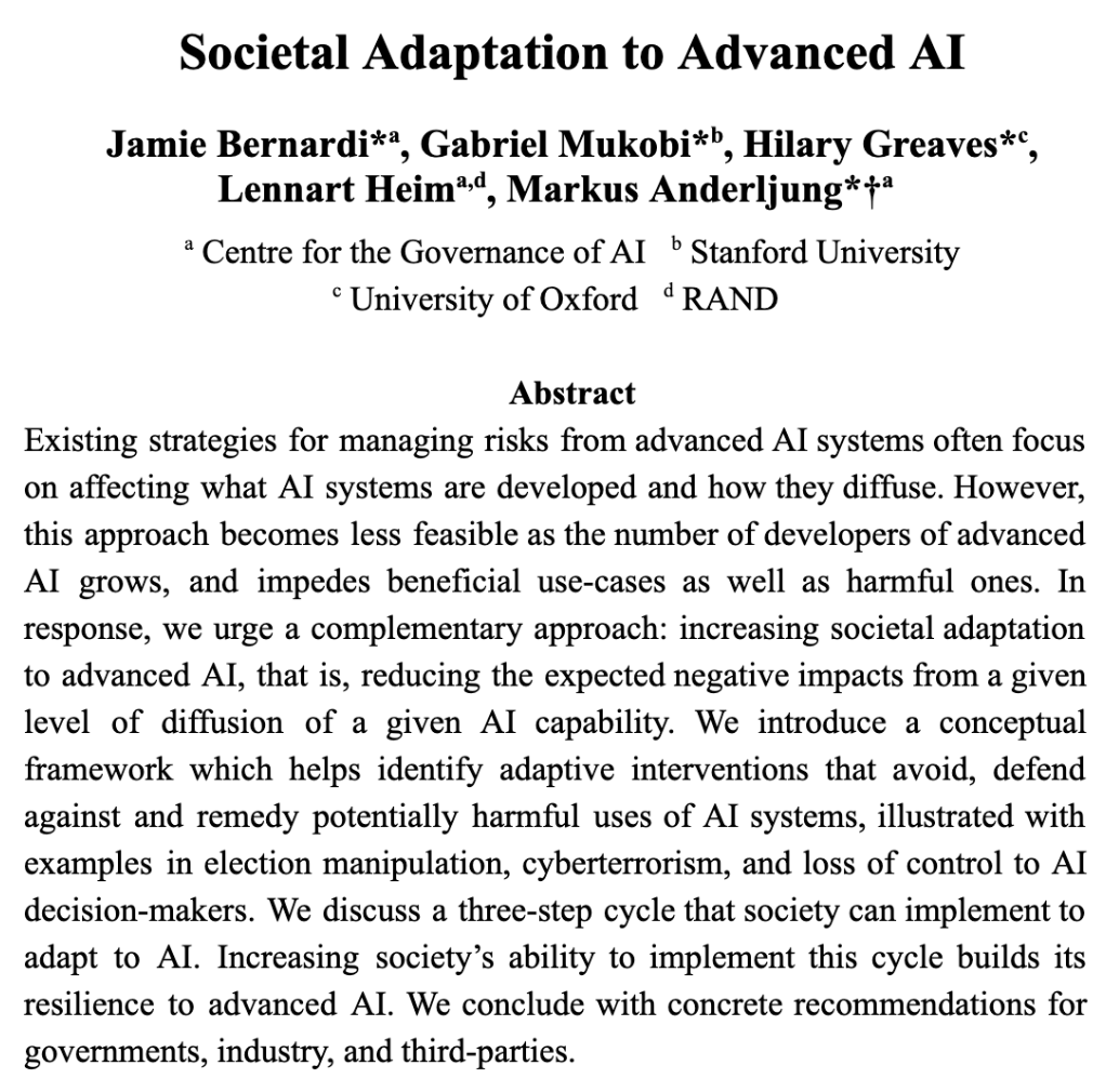 Increasingly advanced AI systems will diffuse into society. How do we manage the accompanying risks? In our a paper, we explore Societal Adaptation to Advanced AI: reducing harm from diffusion of AI capabilities by intervening to avoid, defend against, and remedy harmful use.