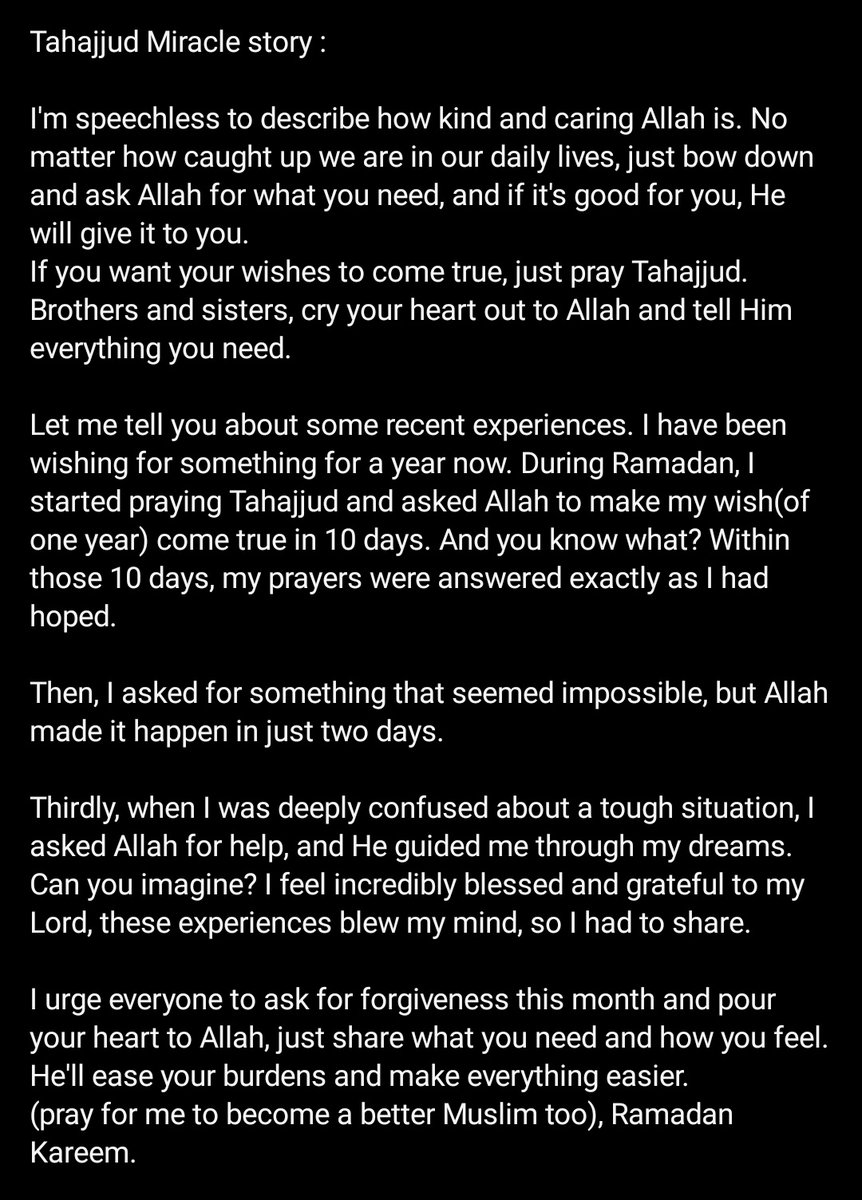 ManhajAsSunnah's tweet photo. TAHAJJUD MIRACLES! Read

All her wishes came true! That's how TAHAJJUD works. Allah's promises are true. When He say, "Is there anyone asking for something so I may grant it?", He does. Your belief and conviction matter. If you doubt your duas, you're doubting the power of Allah! https://t.co/vhd0J6zrOQ