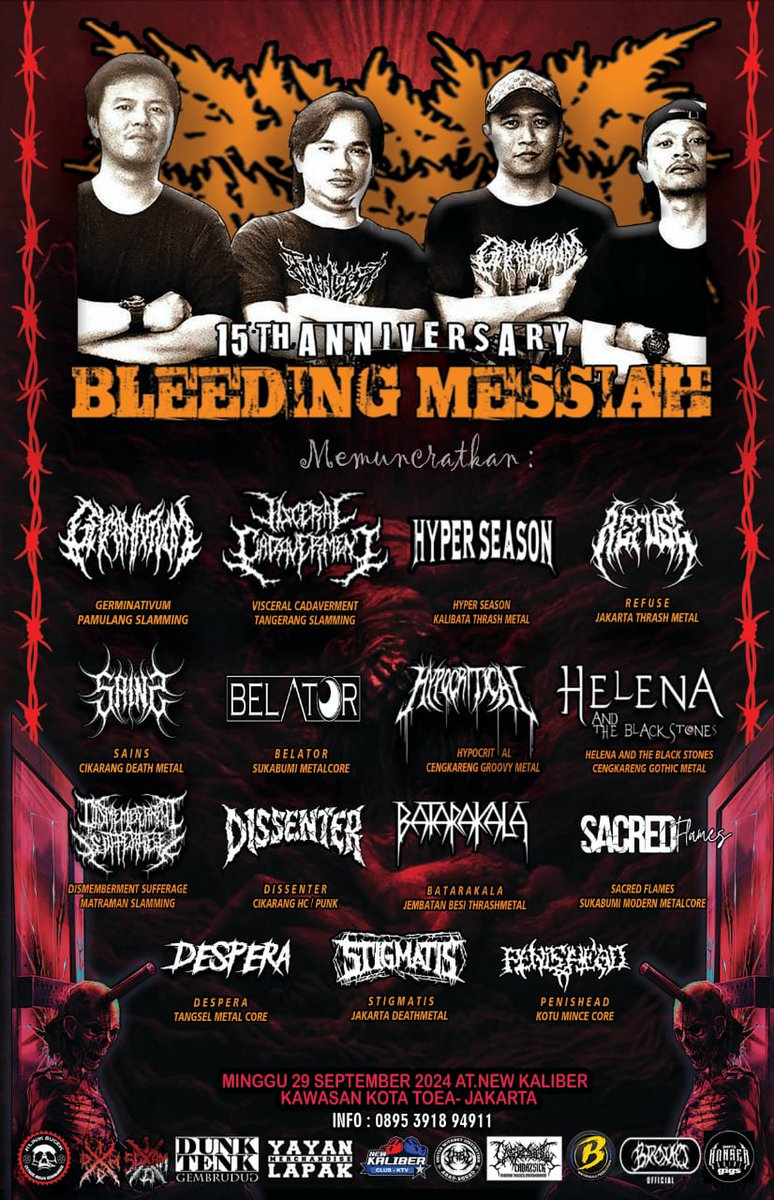 ANNIVERSARY 15th Bleeding Messiah 
29 September 2024 AT New Kaliber Coffee Kota Tua Jakarta
#Bleedingmessiah #slamminggore #slamgang #jakartaunderground #jakartametal #pamulangslamgang #brutaldeathmetal #deathmetal #slammingbrutaldeath #kilinikbucek