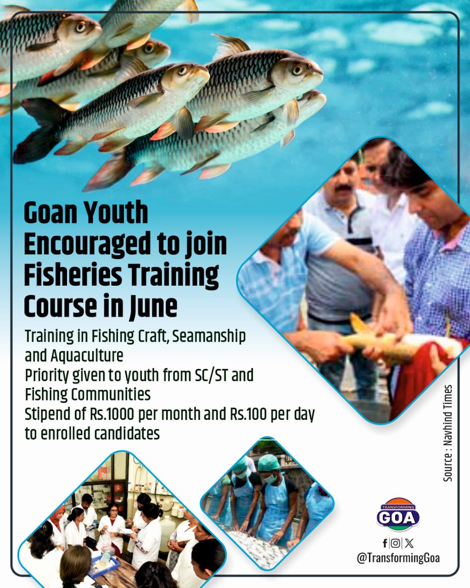 Goan Youth Encouraged to Join Fisheries Training Course in June #goa #GoaGovernment #TransformingGoa #facebookpost #bjym #bjymgoa #GoaYouth #FisheriesTraining #FishingCraft #Seamanship #Aquaculture #GoaFisheries #YouthEmpowerment #SkillDevelopment #SCSTYouth #FishingCommunities