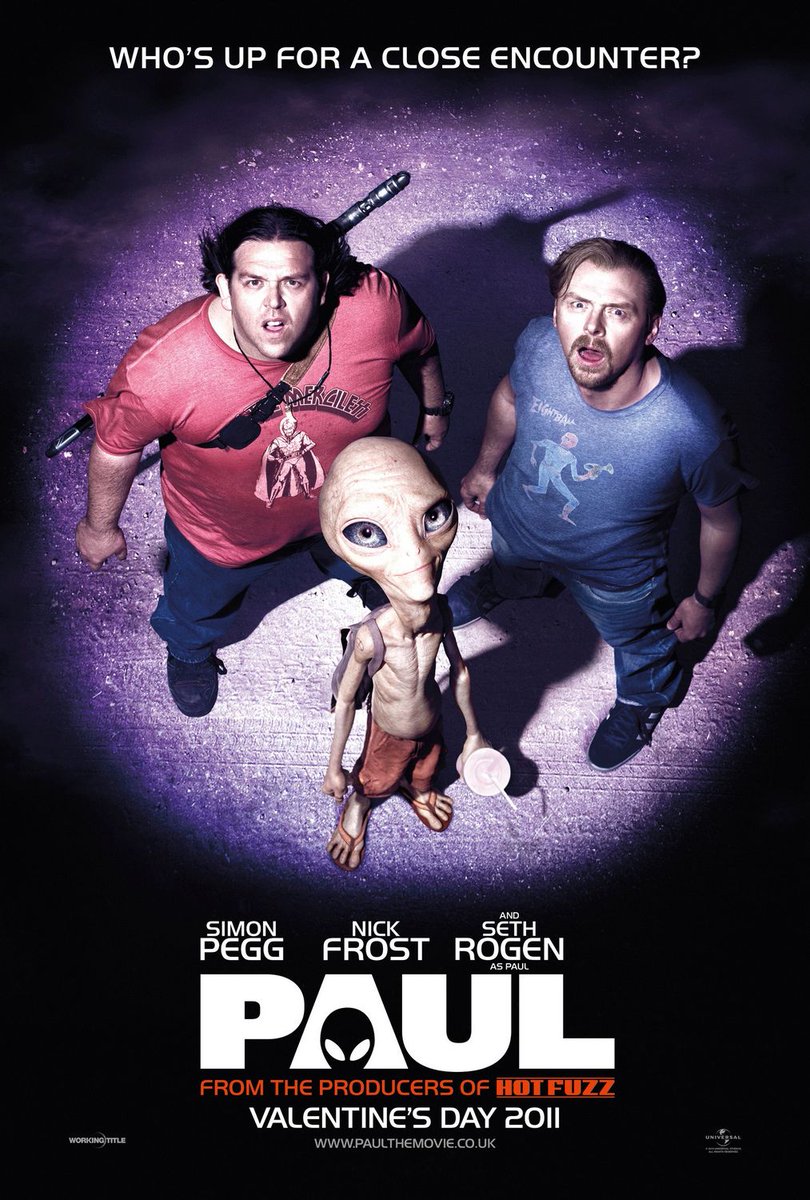 My film choice for this evening is 'Paul' starting at 9pm on Film4. Nick Frost and Simon Pegg wrote the movie partly out of their love for 'Close Encounters'. Spielberg found out about this and offered to make a cameo in the movie. - Jamie