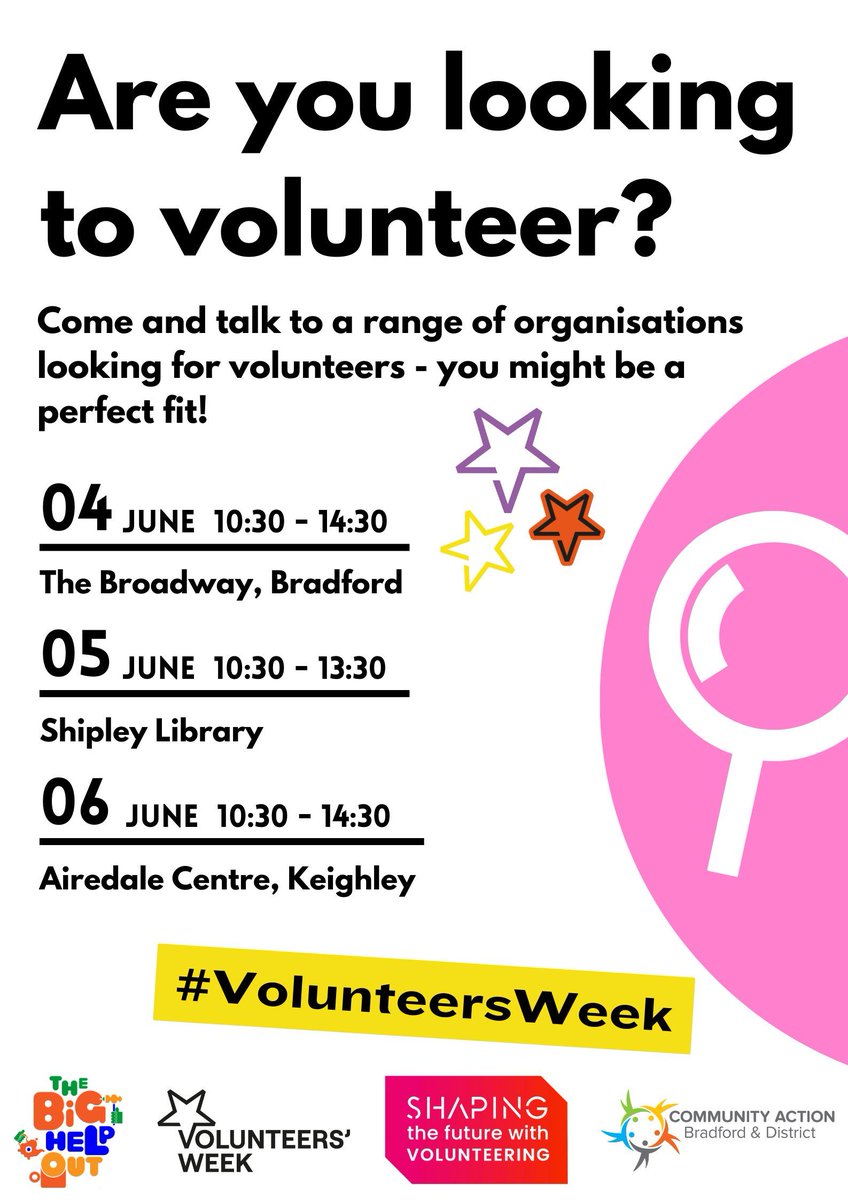 VITAL is excited to participate in this fantastic event, alongside some excellent local organisations. We will be present at Shipley (5th June) &amp; Keighley (6th June) if you are keen on learning more about opportunities to volunteer with us during #VolunteersWeek.