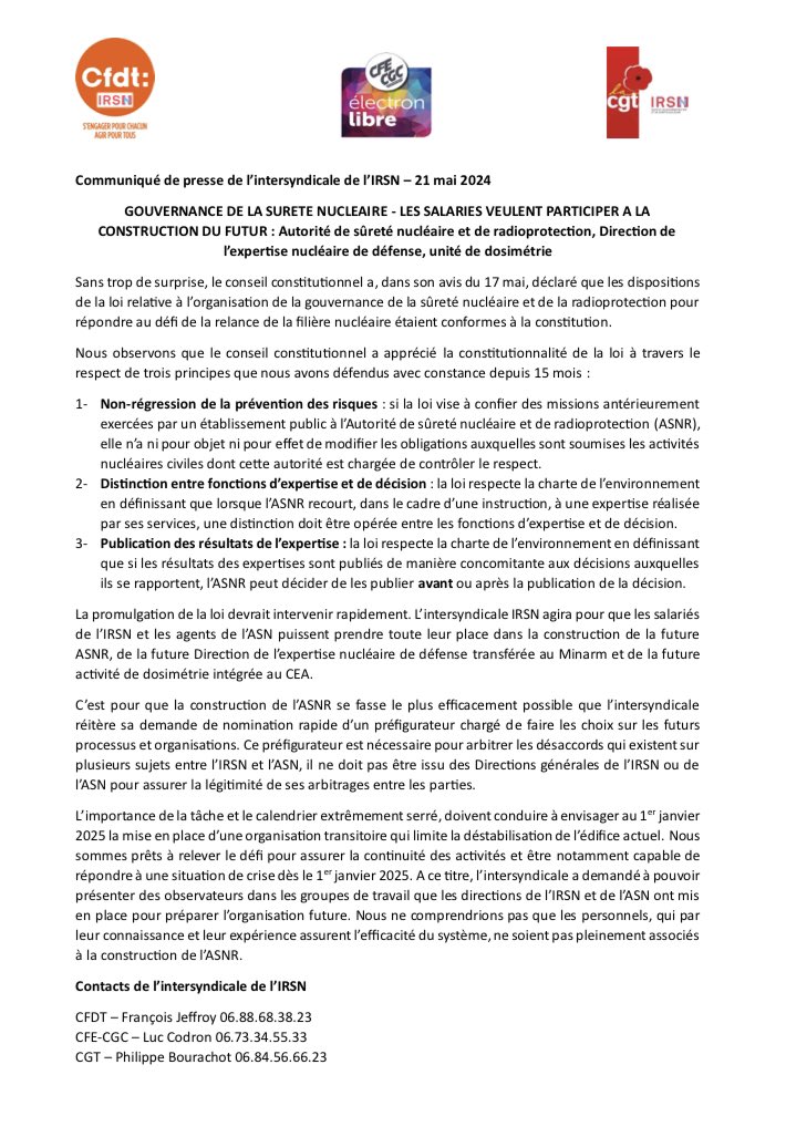 Communiqué de l’intersyndicale de l’IRSN ! Les salariés veulent participer à la construction du futur !!! « Nous Σ fiers d’avoir connu l’IRSN ! »