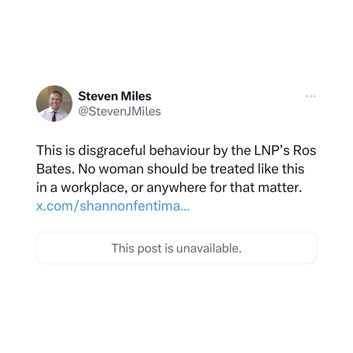 .<a href="/StevenJMiles/">Steven Miles</a> and <a href="/ShannonFentiman/">Shannon Fentiman</a> have been caught trying to deliberately and deceitfully slander a woman and DV victim to distract from their shocking political failures. 

They have deleted their shameful video but should personally apologise.