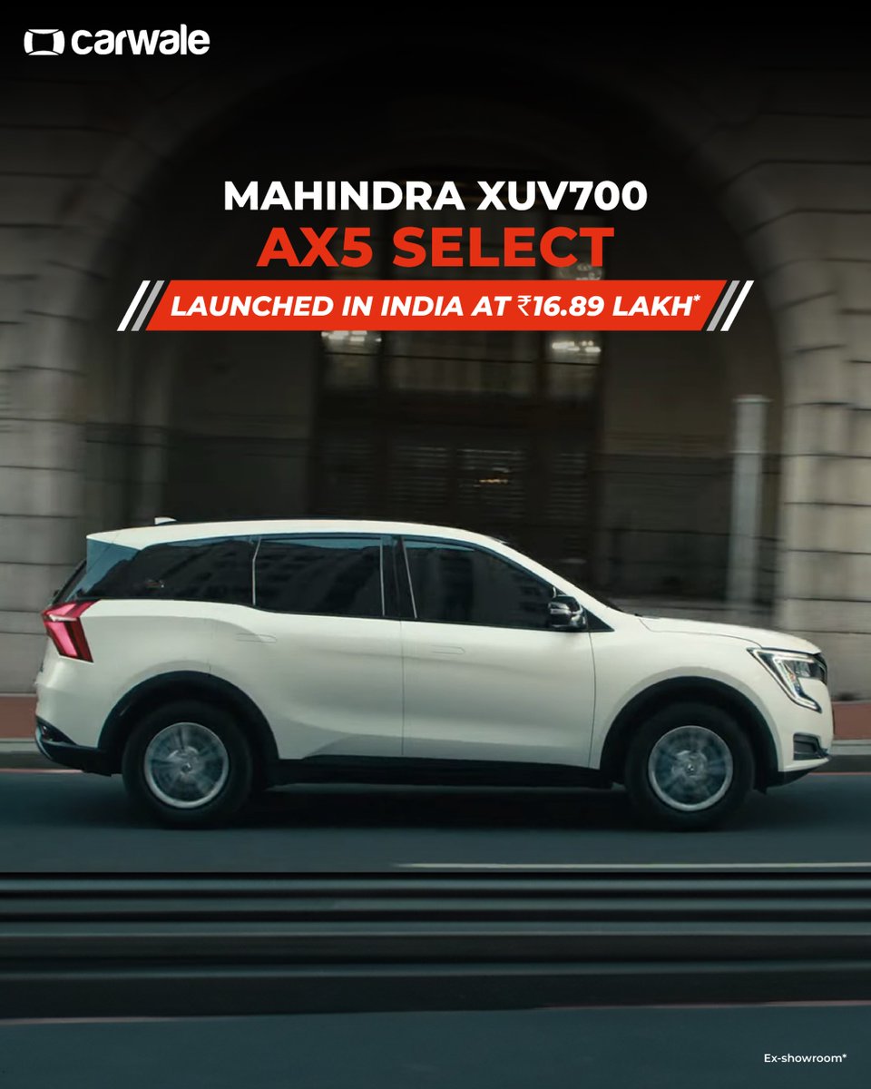 CarWale's tweet image. #Mahindra has introduced a new variant of #XUV700 called AX5 Select based on the AX5 seven-seater trim at a starting price of Rs. 16.89 lakh (ex-showroom). This new variant can be had in diesel and petrol engines with manual and automatic transmission options.

#cwlaunch