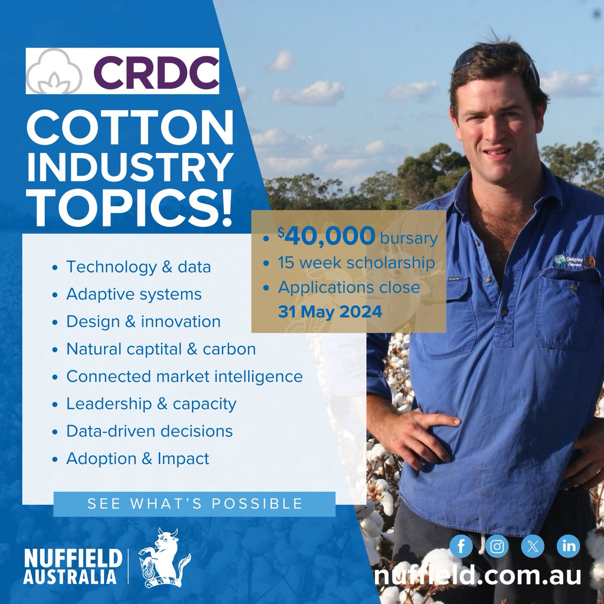 ARE YOU directly involved in the cotton industry in Australia, if so apply for a 2025 Nuffield Scholarship, generously supported by the Cotton Research & Development Corporation Apply Today: nuffield.com.au/how-to-apply #nuffieldag #aussiefarmers #cotton #growers