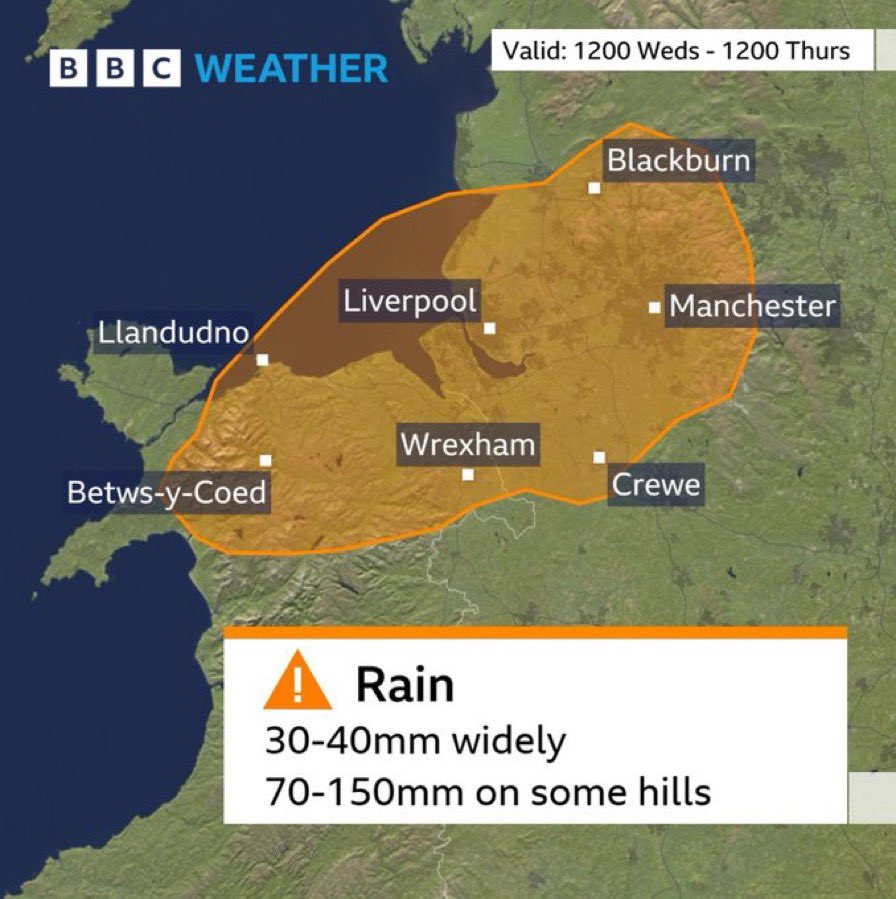 ⚠️ The Met Office has upgraded its rain warning to AMBER across parts of north Wales. ☔️ Could see 70-150mm of rain on higher ground. Risk of localised flooding and travel disruption.
