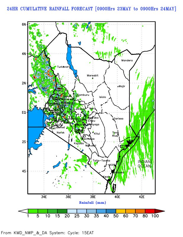 MeteoKenya's tweet photo. •#IALY weakened significantly overnight but remains a moderate tropical storm, center >150km from East African coast, significant due to proximity to equator.
•Expected to dissipate near equator, residual vortex unlikely to cross. https://t.co/BW0YSQtByU