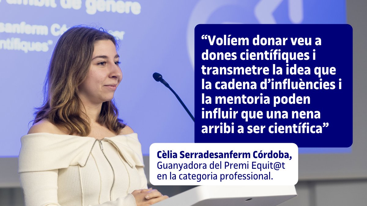 👩‍💻 Cèlia Serradesanferm és la guanyadora del #PremiEquitat amb el vídeo 'Vocacions científiques'. 📹 El projecte presenta el testimoni de diverses dones que han decidit formar-se en l'àmbit científic i tecnològic. 👉Descobreix-ne tots els detalls: dozz.es/tk6hd4