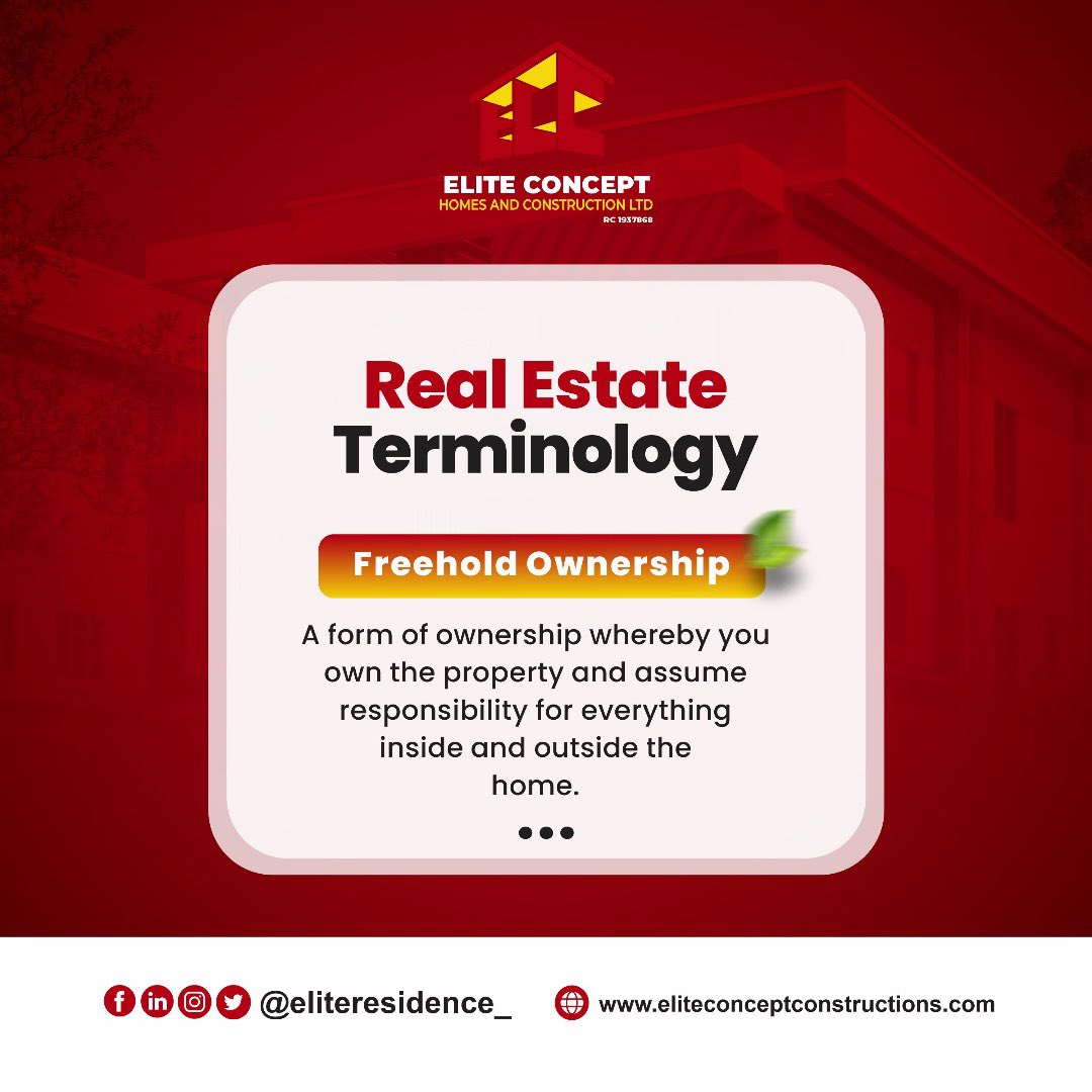Real Estate Terminology 
Freehold Ownership A form of ownership whereby you own the property and assume responsibility for everything inside and outside the home.

#AchieveAnything #Abuja #kuje #RealEstate  #properties #Idu #EliteResidence #kyami #investment #nigeria