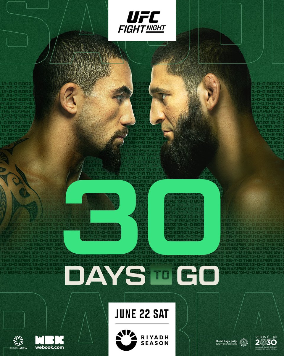 30 days until Robert Whittaker vs Khamzat Chimaev and the Octagon lands at #UFCSaudiArabia! 🎟️ webook.com/en/events/ufc-… #RiyadhSeason | @riyadhseason