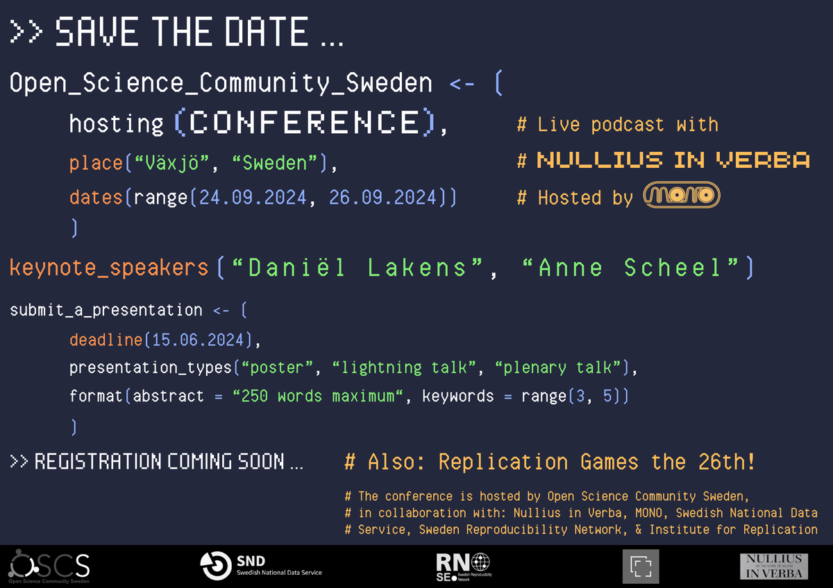 Rickard Carlsson (@rickcarlsson) on Twitter photo Join our conference on Open Science and Reproducibility. Keynote by <a href="/lakens/">Daniël Lakens</a> and <a href="/annemscheel/">Anne Scheel</a>, with <a href="/nulliusverbapod/">Nullius In Verba</a> live on stage at the record shop / “folkölscafé” (bar) Mono. Does the fake code make you cringe? Then you will love the replication games! URL below. Join our conference on Open Science and Reproducibility. Keynote by <a href="/lakens/">Daniël Lakens</a> and <a href="/annemscheel/">Anne Scheel</a>, with <a href="/nulliusverbapod/">Nullius In Verba</a> live on stage at the record shop / “folkölscafé” (bar) Mono. Does the fake code make you cringe? Then you will love the replication games! URL below.
