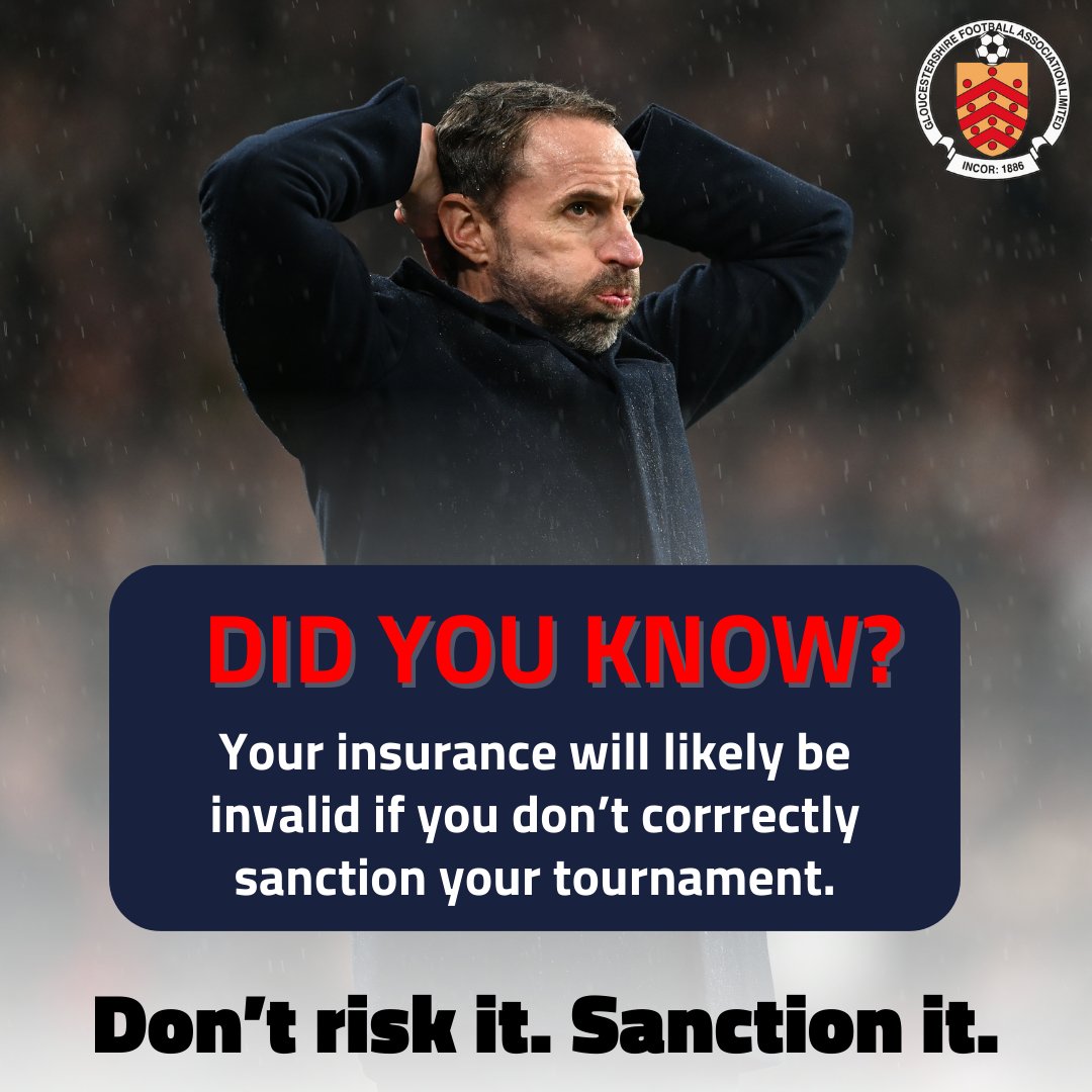 Referees officiating in unsanctioned tournaments are NOT covered by insurance ✋ Make sure you ask to see proof of sanctioning before agreeing to take part. Learn more 👉 bit.ly/GFA-tournaments #GlosFA