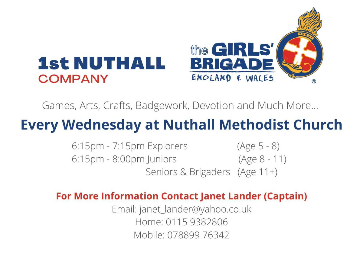 Wonderful Wednesday welcomes all to #NuthallMethodistChurch for Tea, Toast and Talk at ten, Toddlers at 1.30pm and 1st Nuthall Girls' Brigade at 6.15.