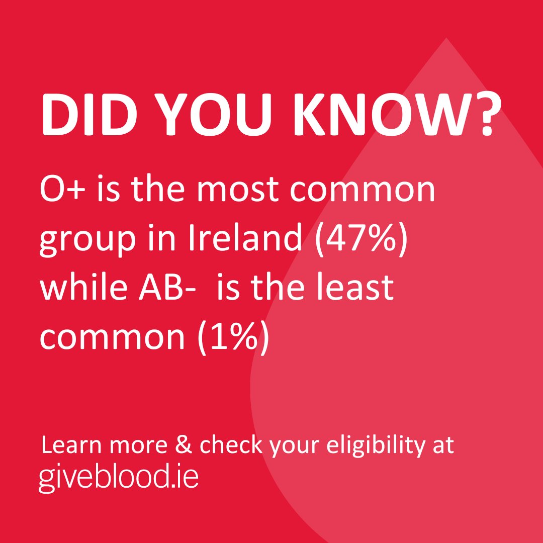 We need about 3000 units of blood each week, and about half of that needs to be O+!
Every blood type is important, because patients of all blood types need transfusions every week.

Learn more about blood types here - giveblood.ie/learn-about-bl… 

#GiveBlood #WeCountOnYou
