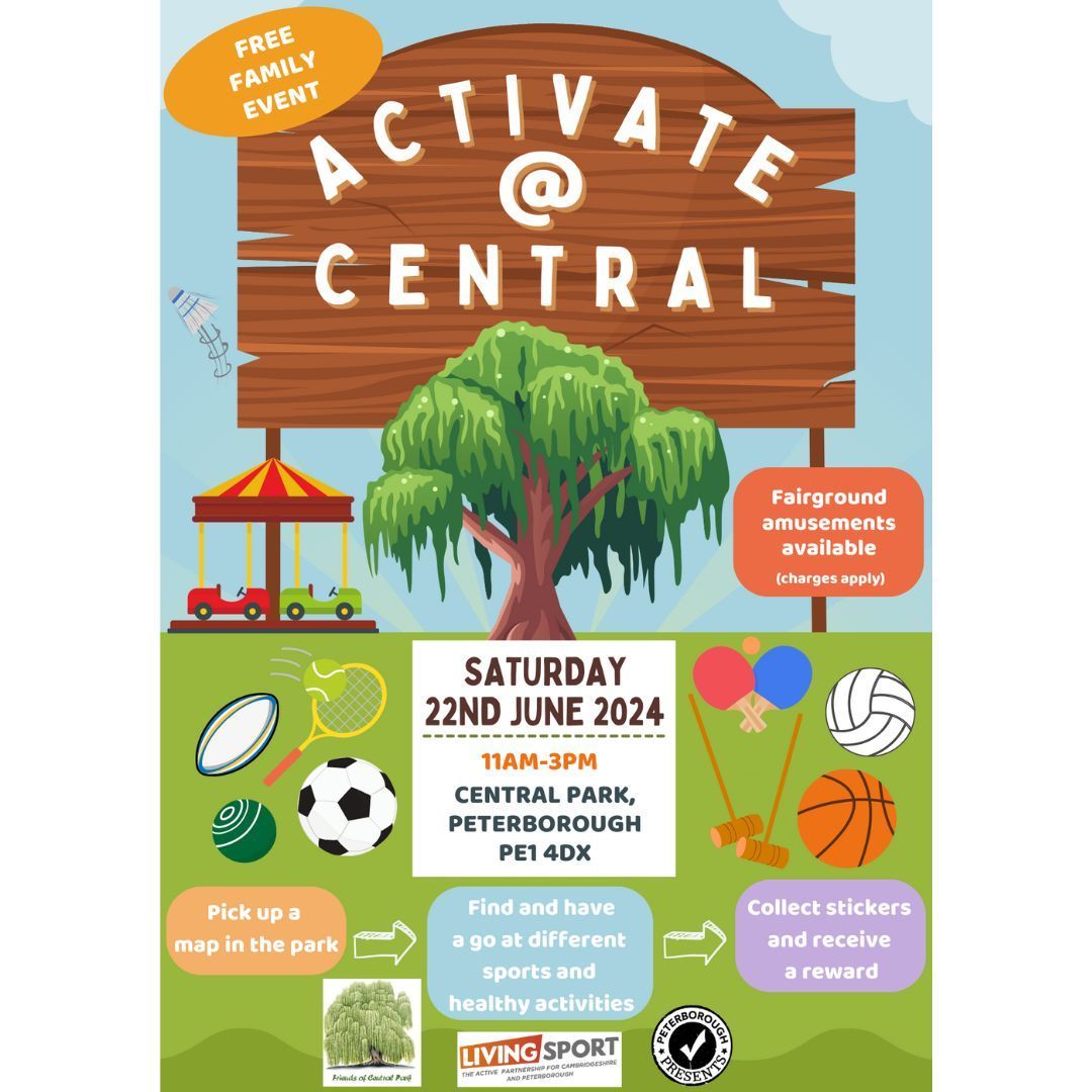 Mark your calendars!📅 Living Sport and Friends of Central Park have partnered in organising a mixture of FREE sports activities. Activate@Central will provide a variety of different activities to get involved with. A big thank you to Peterborough Presents for their support!