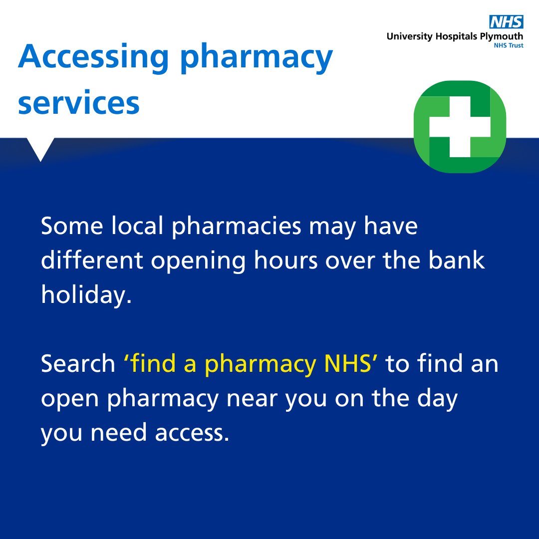 Some local pharmacies may have different opening hours over the bank holiday. To find an open pharmacy near you visit nhs.uk/service-search….