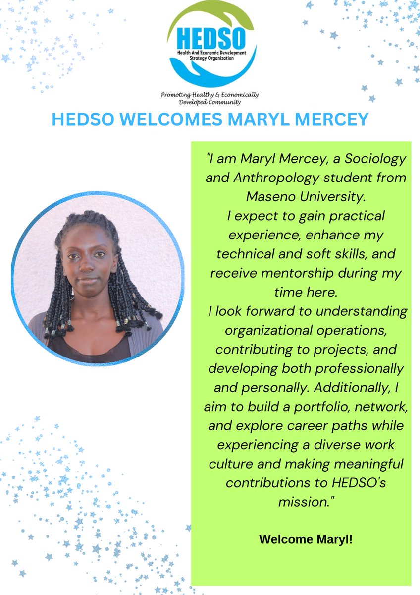 We are excited to be joined by brilliant minds for industrial Atttachment this month.
Meet Maryl, an innovative and visionary youth, ready to impact, she shares her expectations below.
Karibu to the team!
#wearehedso 
#educateeradicate