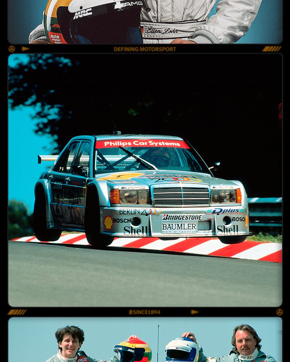 #since1894 – A fearless Ellen Lohr flying high in an AMG-Mercedes 190 E class 1 racing touring car at the Nürburgring 1993. Stay tuned as we share more moments from our 130-year motorsport legacy every week. 📸🎞️ #DefiningMotorsports #WorldsFastestFamily #WeLivePerformance