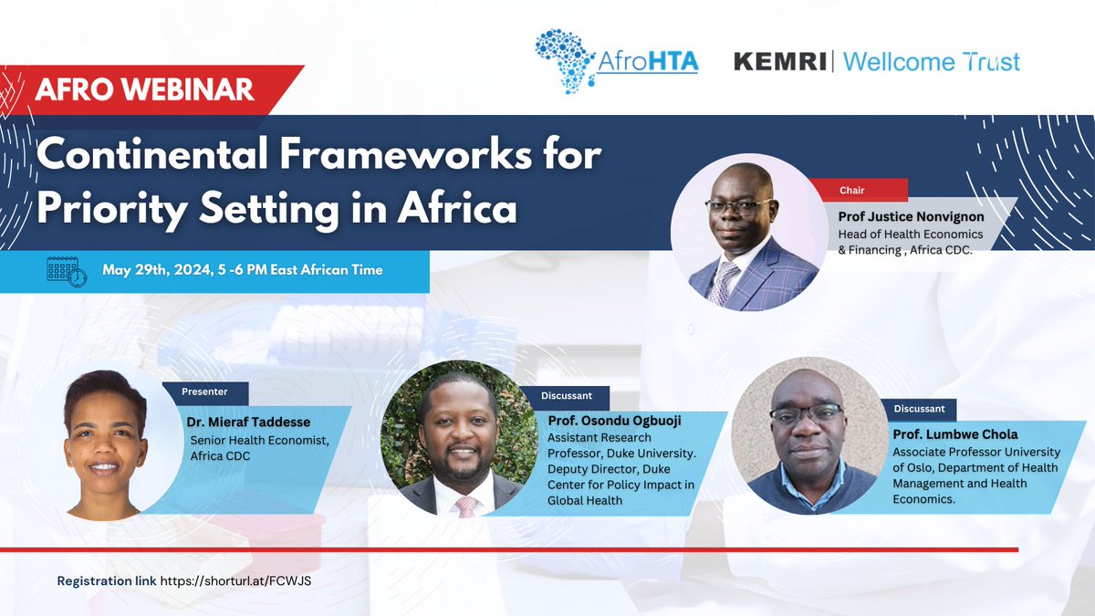 📢Webinar Alert!
Join the AfroHTA webinar for a discussion on the continental framework for priority setting in Africa.

🗓️Date: 29th May 2024, 5:00 EAT.
👉Registration link shorturl.at/FCWJS