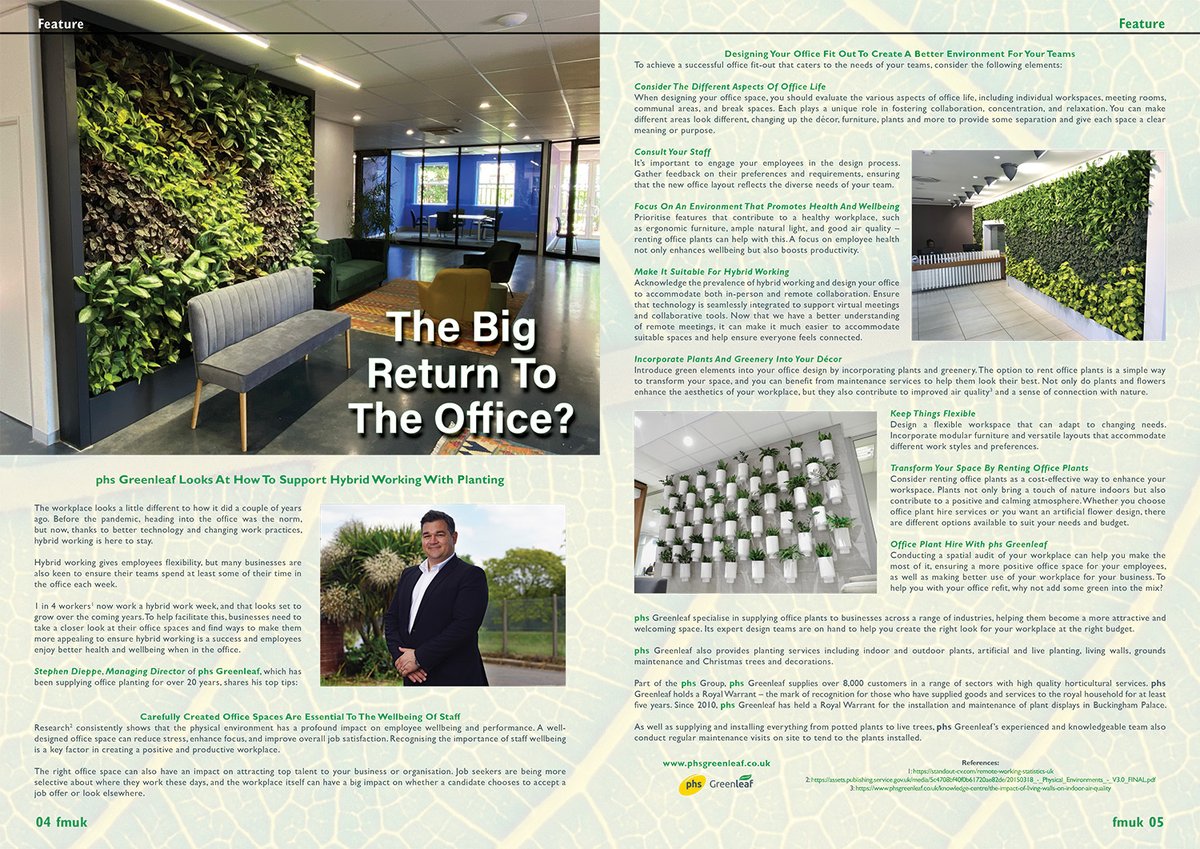 Latest Issue 📰: The Big Return To The Office? By Stephen Dieppe, Managing Director of phs Greenleaf. ➡️fmuk-online.co.uk/features/5489-… @phsgroup #facman #FacilitiesManagement #phsGreenleaf #office #hybridworking #plants #environment #health #wellbeing