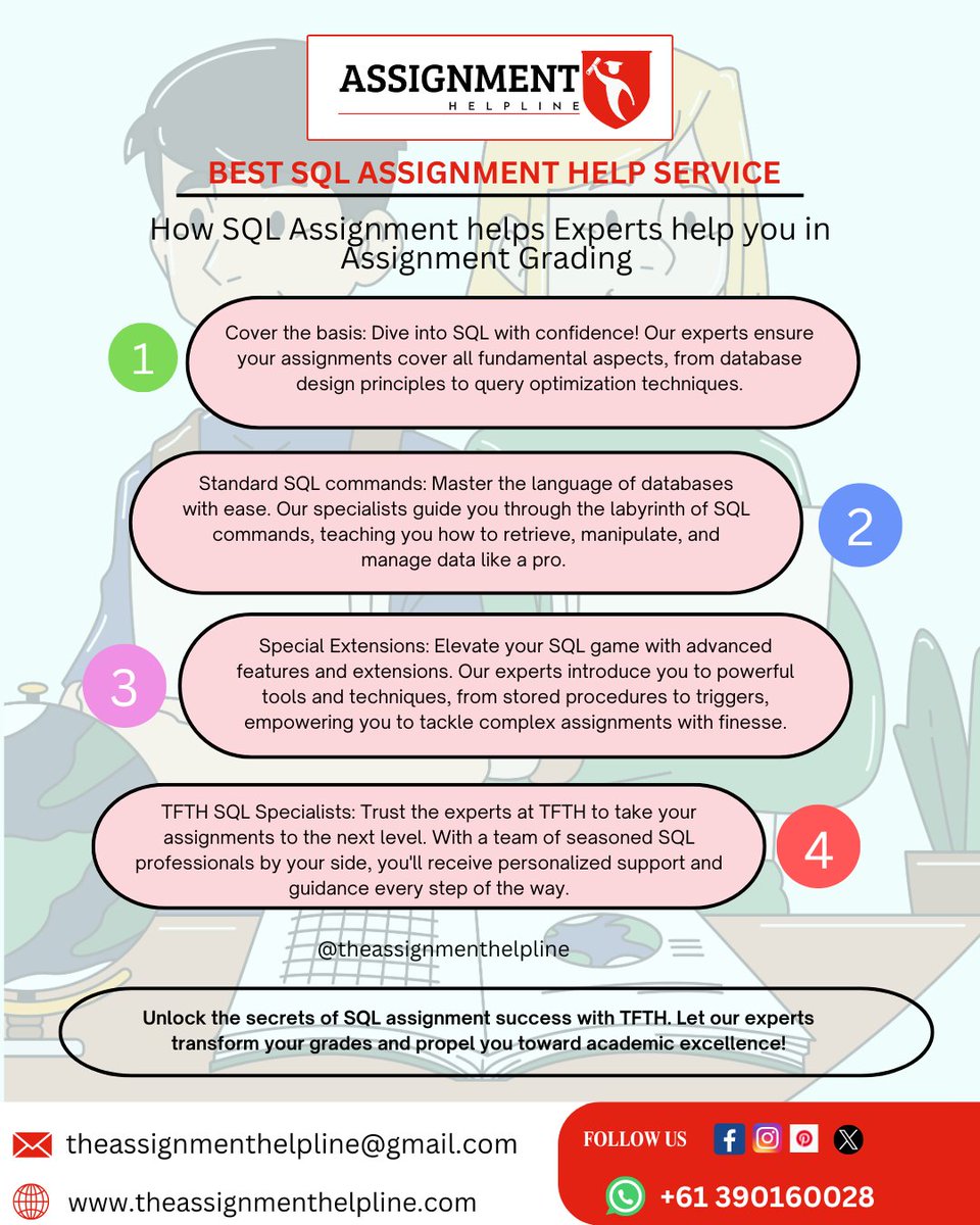 Get the best #SQLAssignmentHelpService from our experts and boost your #assignment grades! 
👉Get Instant Help! wa.me/+61390160028

#assignmenthelpuk #assignmenthelper #assignmenthelpcanada #assignmenthelponline #assignmenthelpservice #assignmenthelpaustralia