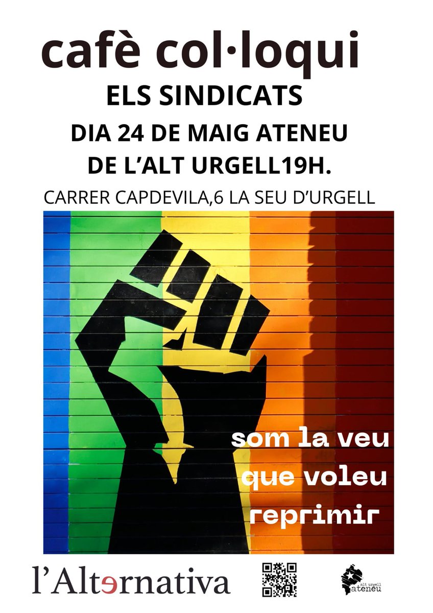 ☕ Cafè col·loqui a l'Ateneu

✊🏼 Parlem sobre els Sindicats, de la mà del Periòdic l'alternativa
📌 Divendres 24 de maig a les 19h