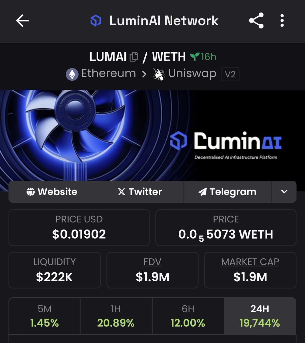 NobleIrons7de's tweet photo. $2m mcap hit on $LUMAI
100% UP
Nvidia earning release today, send this to $5m mcap
Fadoors in disbelief 🤣👌
#Bullrun #ETHPlay #100xgem #GPU https://t.co/wyLXNO2Qcm