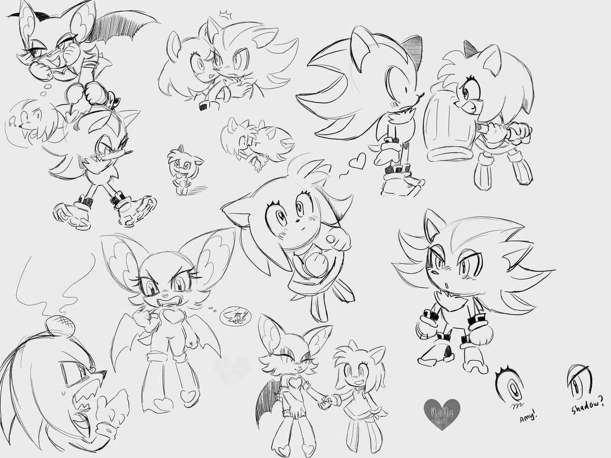 Just lil doodles I want to draw them kind of simpler sometimes just to make them extra cutesy!! 
#shadamy #knuxouge #shadowthehedgehog #amyrose #rougethebat #knucklestheechidna #sketch #doodle 💖🖤