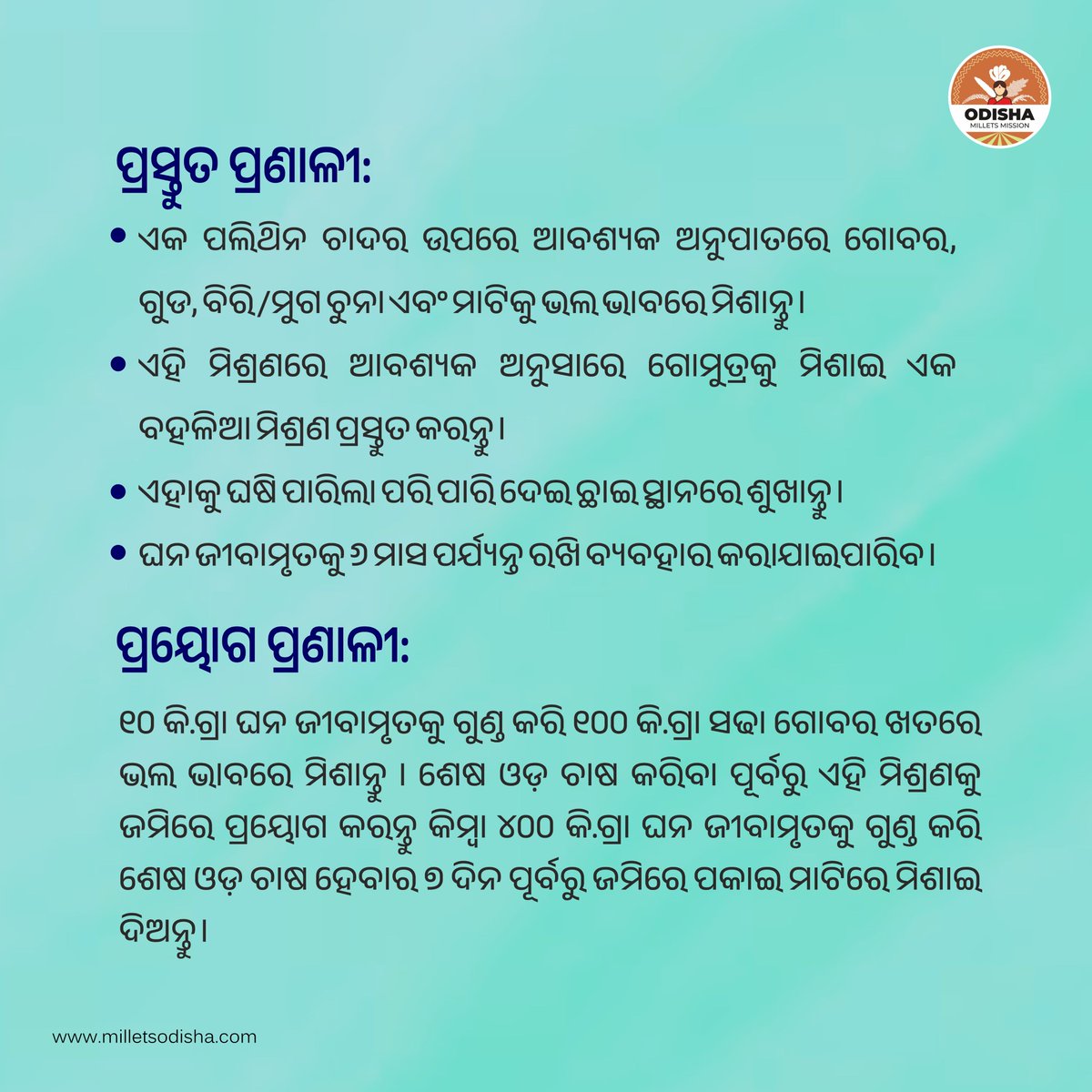 ମୃତ୍ତିକାରେ ଅଣୁଜୀବର ପରିମାଣ ବୃଦ୍ଧି ଓ ଫସଲକୁ ସଠିକ୍ ଭାବେ ଖାଦ୍ୟସାର ଯୋଗାଇବା ପାଇଁ 'ଘନ ଜୀବମୃତ' ପ୍ରୟୋଗ କରାଯାଇଥାଏ । ତେବେ ଆସନ୍ତୁ, ଏହାର ପ୍ରସ୍ତୁତି ଓ ପ୍ରୟୋଗ ପ୍ରଣାଳୀ ସମ୍ପର୍କରେ ଜାଣିବା । @krushibibhag @WASSANIndia #OMM #Odishamilletsmission #Ghanajibamruta #Farming