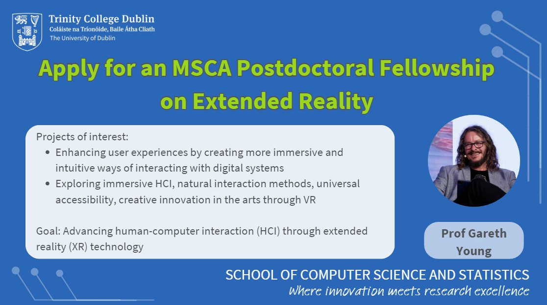 School of Computer Science and Statistics, TCD (@tcddublinscss) on Twitter photo Advance your career with us! Apply for a #HorizonEurope #MSCA #PostdoctoralFellowship with <a href="/young_gareth/">Gareth W. Young 🏴🇮🇪</a> on #ExtendedReality
Submit your expression of interest today! forms.gle/t3KwBCawZWt5UP…
#HumanComputerInteraction #DigitalCreativity #MultimodalInteraction #DigitalArts Advance your career with us! Apply for a #HorizonEurope #MSCA #PostdoctoralFellowship with <a href="/young_gareth/">Gareth W. Young 🏴🇮🇪</a> on #ExtendedReality
Submit your expression of interest today! forms.gle/t3KwBCawZWt5UP…
#HumanComputerInteraction #DigitalCreativity #MultimodalInteraction #DigitalArts