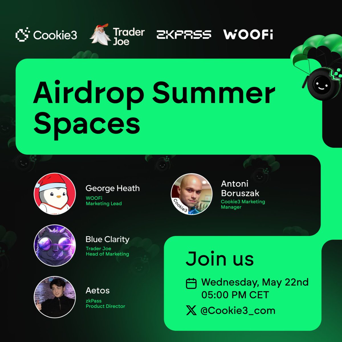 Airdrop Summer is here! 🪂 Let's dive into the secrets of successful #airdrop campaigns together with @zkPass, @_WOOFi and @TraderJoe_xyz 🗓️Wednesday, 05:00 PM CET 📍x.com/i/spaces/1oyka… 🎙️Host: @a_boruszak 💰$300 up for grabs for the best question asked during the Spaces!