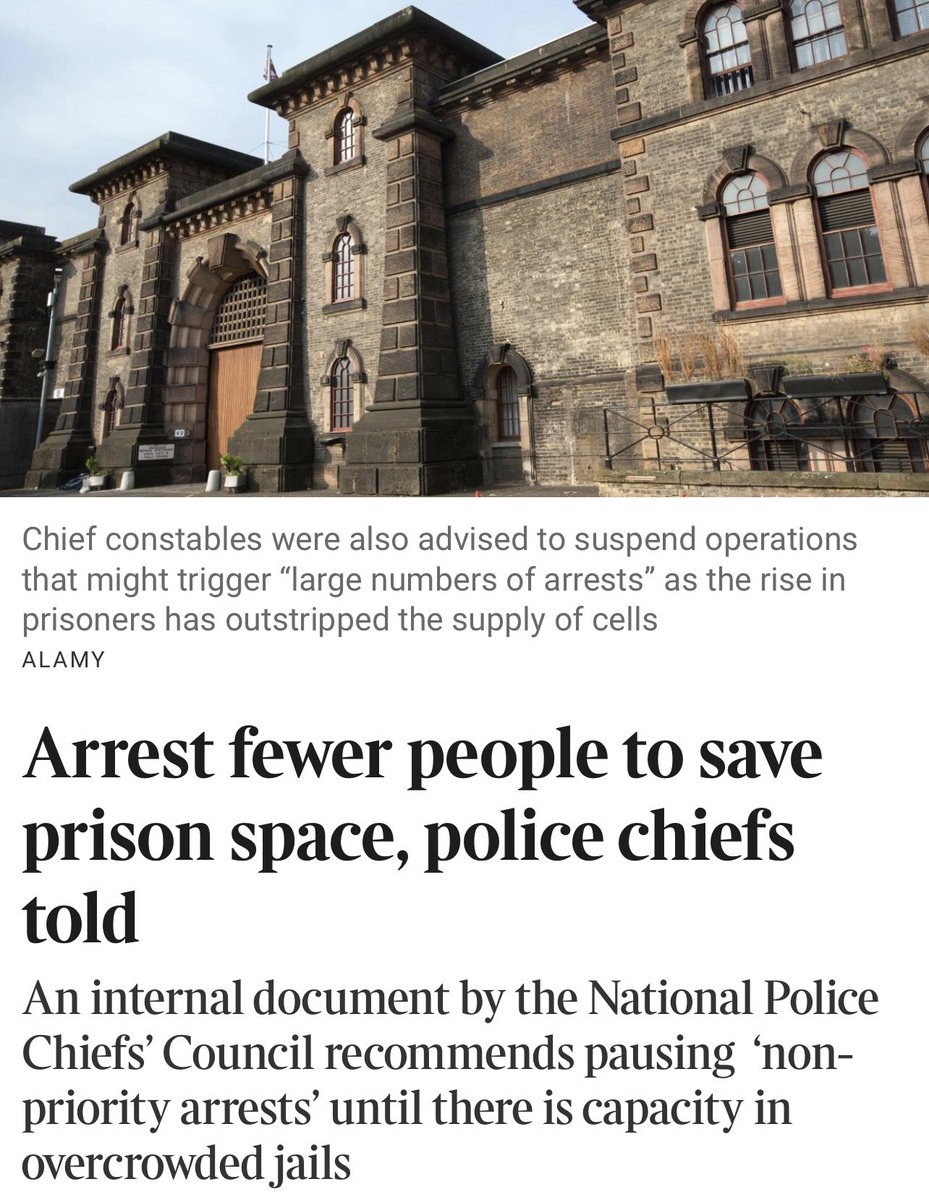 Exclusive in ⁦@thetimes⁩.
Police told to MAKE FEWER ARRESTS and suspend operations which may lead multiple arrests, due to prisons at capacity.

Yes it's come to this 

The Tory party is the party of not giving a toss about our safety 😡