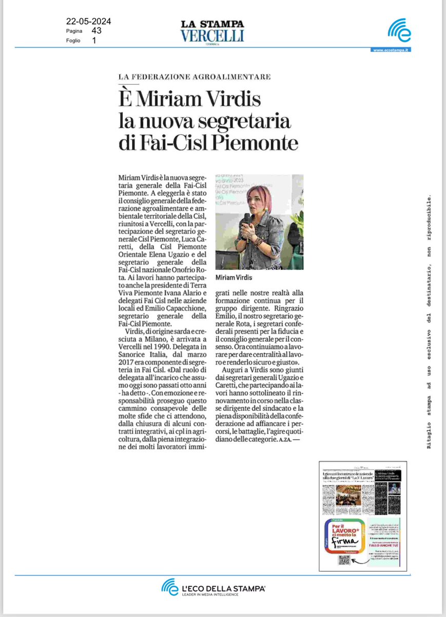 Su la @StampaVercelli si parla dell'elezione di Miriam Virdis a Segretaria generale del Piemonte Orientale