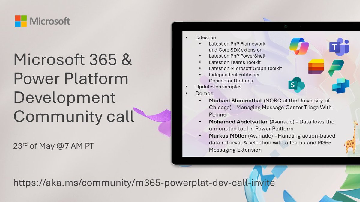 📅 Agenda for the #Microsoft365dev & #PowerPlatform call 23rd of May

- Latest news
- Focus this time on #MicrosoftPlanner, Dataflows, Messaging extensions
- Presented by @michaelbl, Mohamed Abdelsattar & @Moeller2_0

...and more! 🚀

👋 Join the call → msft.it/6017YZnnV