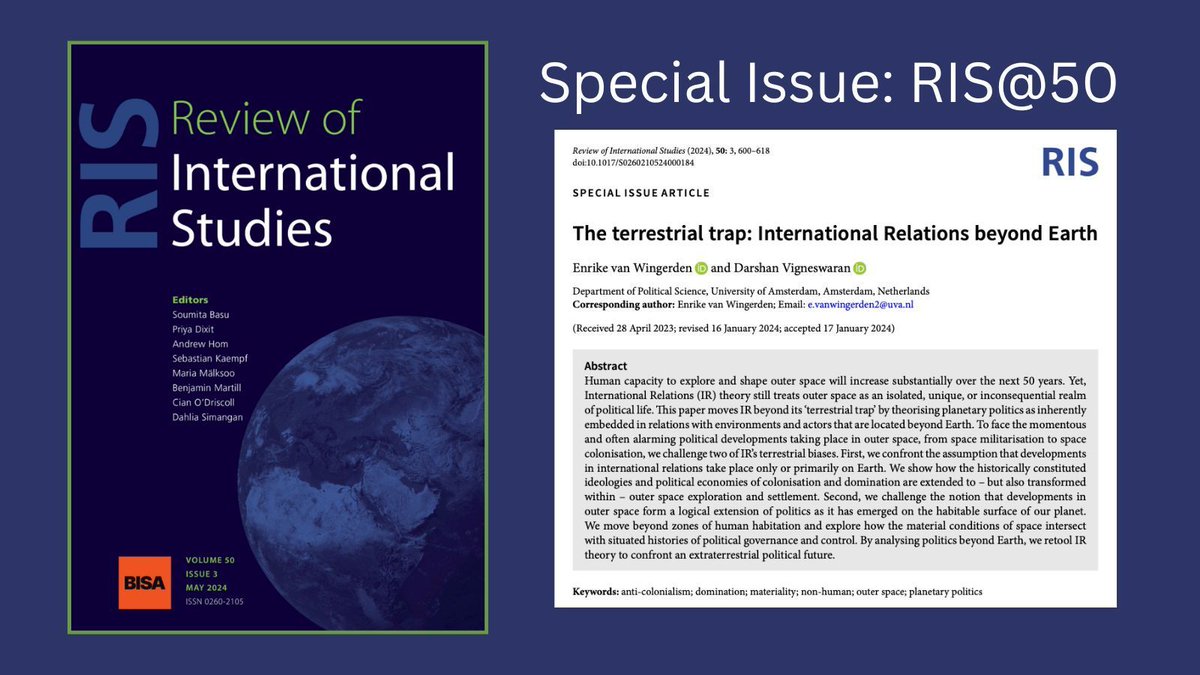 In their paper in our latest issue, @Enrikevw and @darshanvv confront the idea that international relations happens only or primarily on Earth. Have a read, it's #OpenAccess! 📄 👉 buff.ly/44wwcRs
