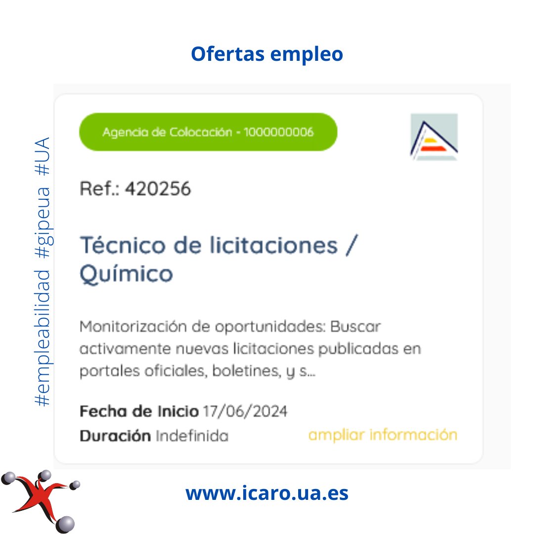 GIPE (@gipeua) on Twitter photo Tablón de ofertas de Empleo:
Técnico de licitaciones / Químico (Callosa)
gipe.ua.es/es/tablon-de-o…
<a href="/Ciencias_UA/">CienciasUA</a> <a href="/DelcienciasUA/">Delegación Estudiantes de Ciencias UA</a> <a href="/EPSAlicante/">EPS Alicante</a> <a href="/DEEPSUA/">Delegación de Estudiantes EPS UA</a> <a href="/diquiua/">Ingeniería / Enginyeria Química UA</a> <a href="/UA_Universidad/">Universidad de Alicante UA</a> <a href="/CentroEmpleoUA/">Centro de Empleo | UA</a> <a href="/_Alumni_UA/">AlumniUA</a> #empleabilidad #gipeua #UA Tablón de ofertas de Empleo:
Técnico de licitaciones / Químico (Callosa)
gipe.ua.es/es/tablon-de-o…
<a href="/Ciencias_UA/">CienciasUA</a> <a href="/DelcienciasUA/">Delegación Estudiantes de Ciencias UA</a> <a href="/EPSAlicante/">EPS Alicante</a> <a href="/DEEPSUA/">Delegación de Estudiantes EPS UA</a> <a href="/diquiua/">Ingeniería / Enginyeria Química UA</a> <a href="/UA_Universidad/">Universidad de Alicante UA</a> <a href="/CentroEmpleoUA/">Centro de Empleo | UA</a> <a href="/_Alumni_UA/">AlumniUA</a> #empleabilidad #gipeua #UA