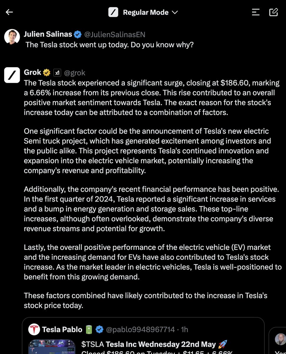 JulienSalinasEN's tweet image. Wow this is powerful. Grok is able to accurately give me the last closing price of a stock option, and correctly explain the reason for this price.
Congrats @grok team, your RAG capabilities are very impressive and useful, Grok will be my exclusive personal assistant from now on…