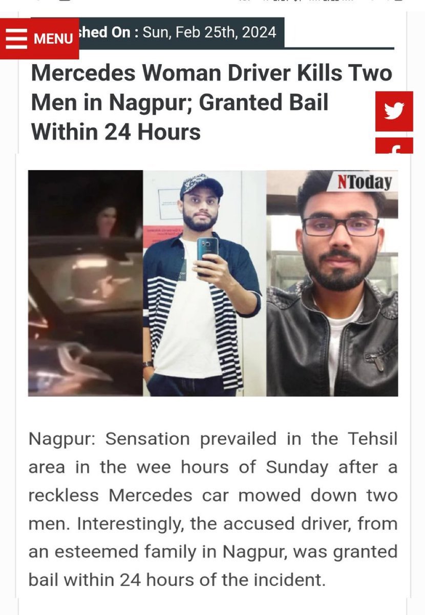 Vedant Agarwal deserves harshest punishment but why wasn't so much outrage there when this woman knocked off two young men? She's not even a minor but got bail within 24 hours. It happened just two months back. 

Is it because she's a woman?
Is it because two men died ?