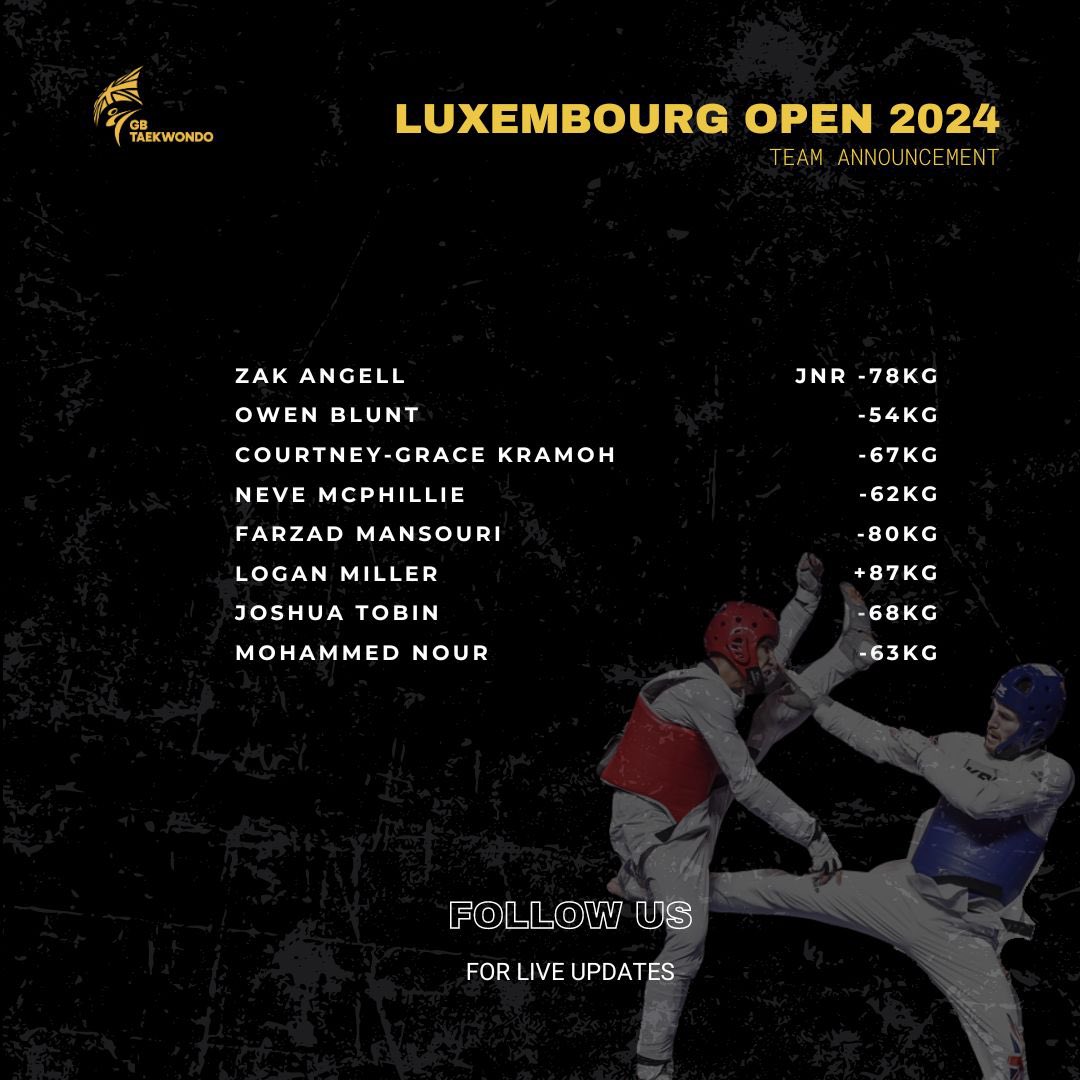 Here we go again! Team announcement for the 2024 Luxembourg Open 💪👏🏻 let’s go pick up some more medals team! Follow us for live updates on 8-9th June. #gbtaekwondo #taekwondo #luxembourg #worldtaekwondo
